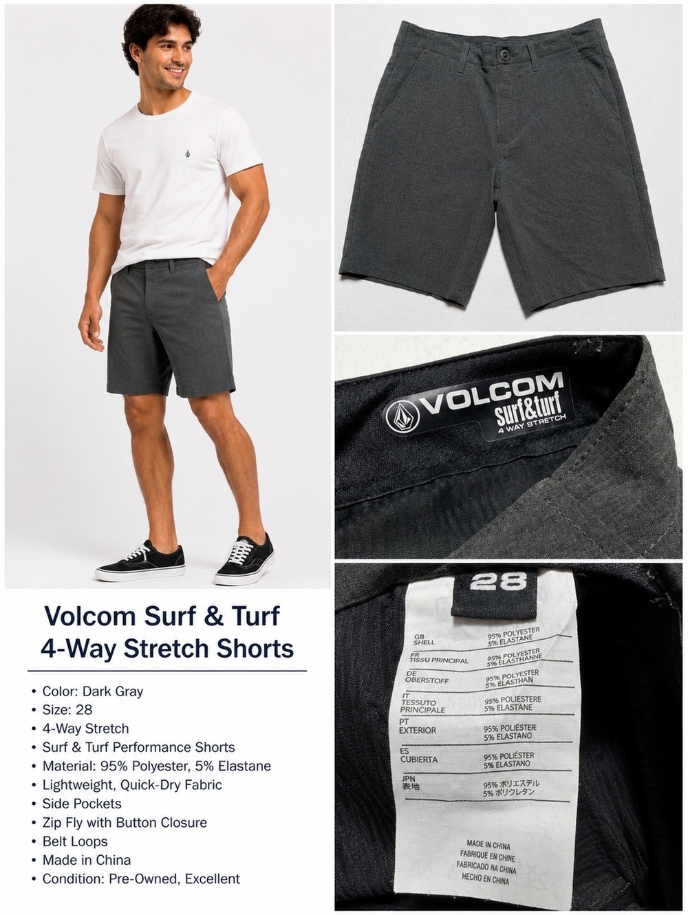 Volcom Surf & Turf Men’s Shorts Size 28 Gray 4-Way Stretch Performance